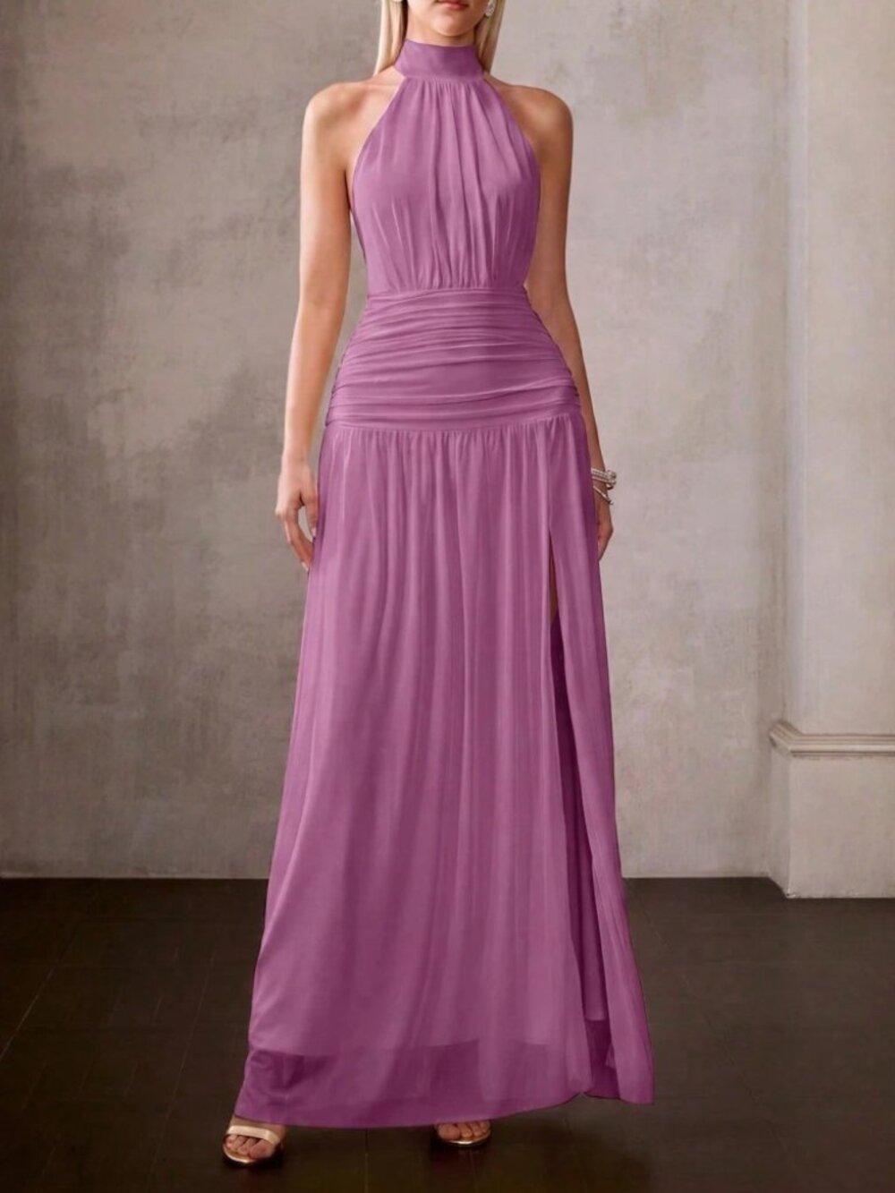 Orchid Purple Mesh Halter Maxi Dress with Thigh Slit - Picture 5 of 6